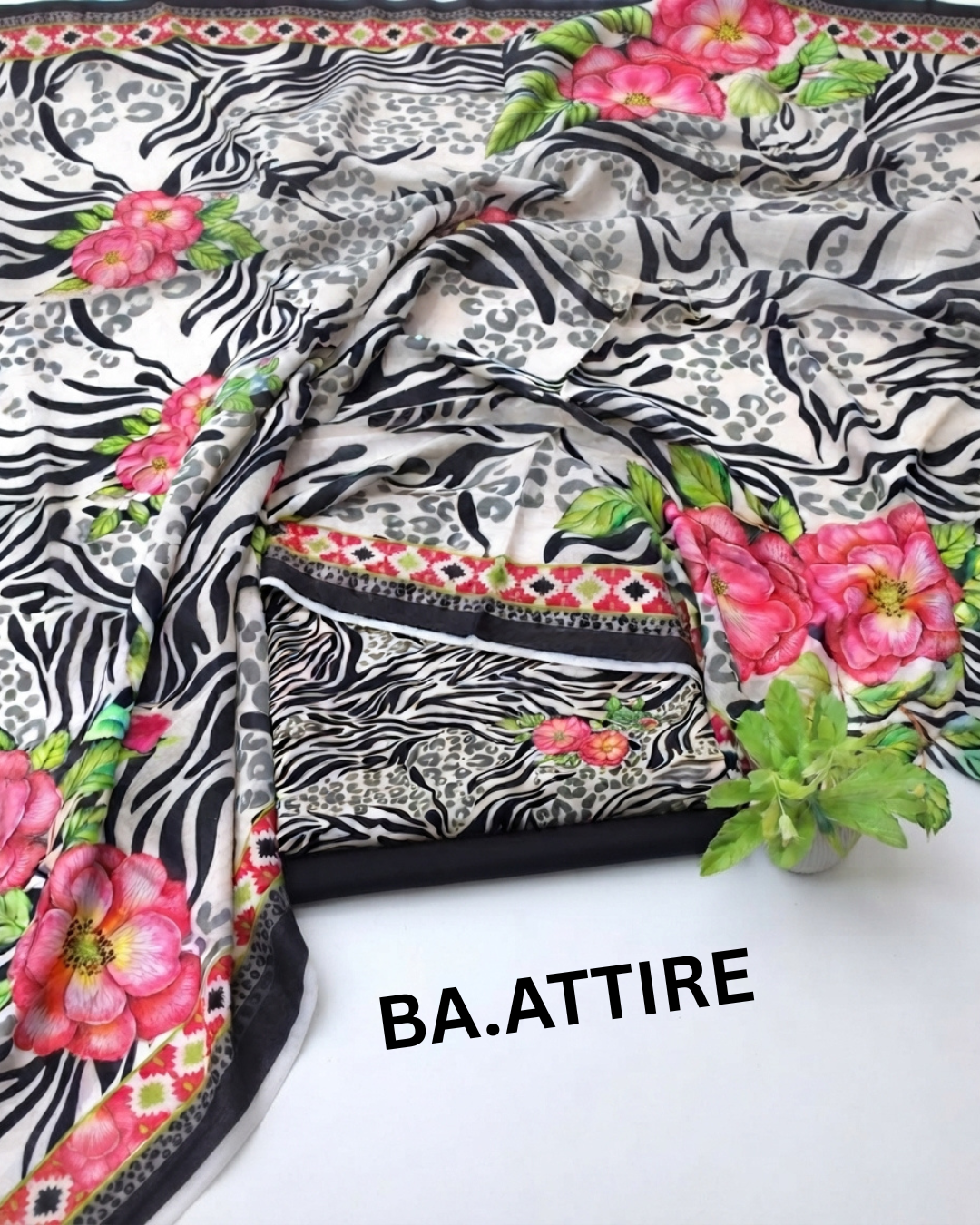 B.S Volume 01 - Printed Lawn 3 Piece Suit - Black and White with Pink Floral Print