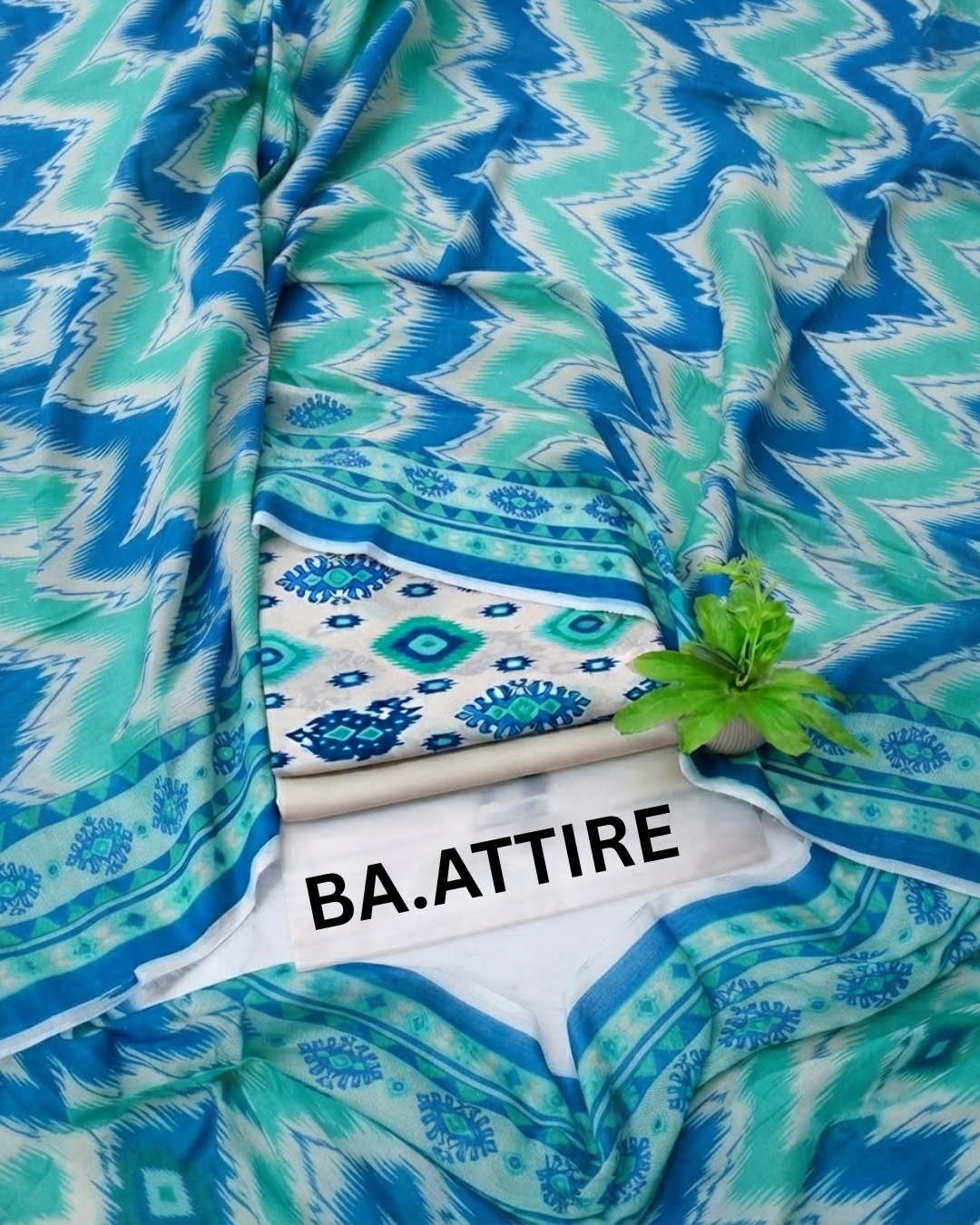 B.S Volume 01 - Printed Lawn 3 Piece Suit - Blue and Mint Green