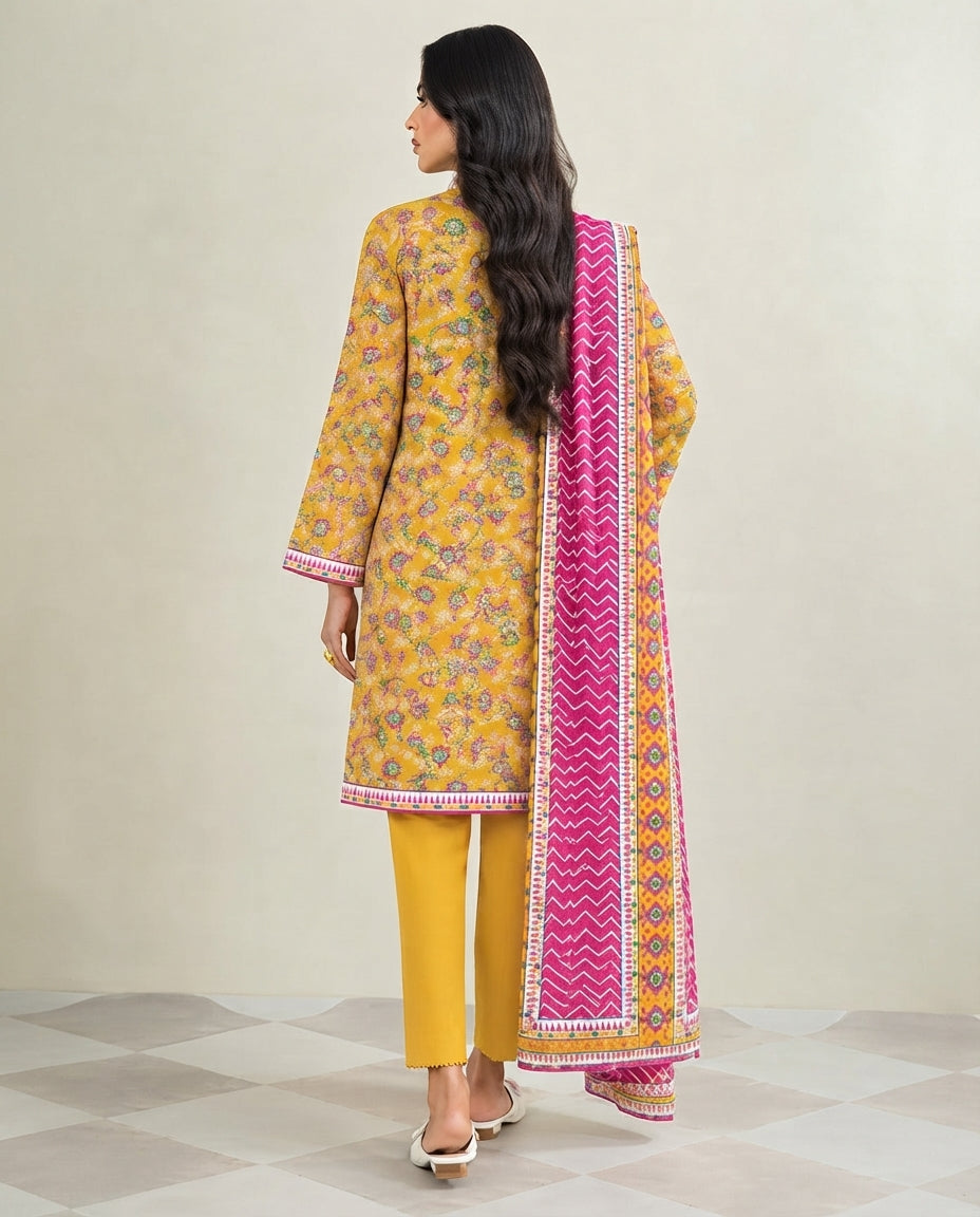 3-Piece Printed Linen Winter – Mustard Traditional