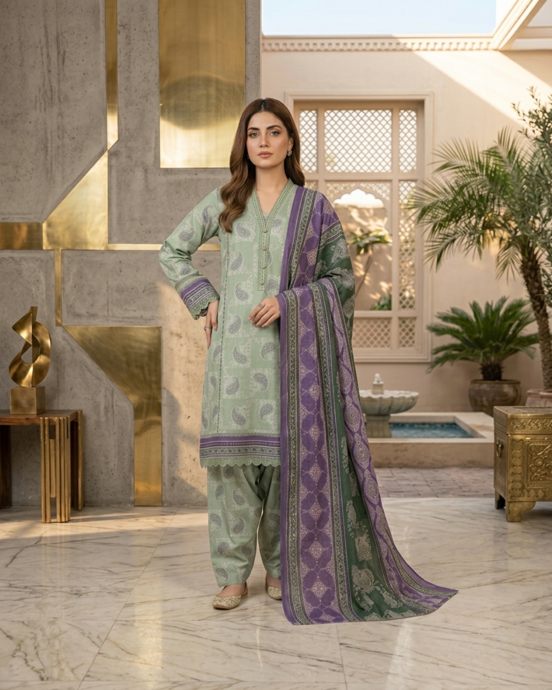 Printed Lawn 3Pc Suit – Mint Green & Purple Paisley