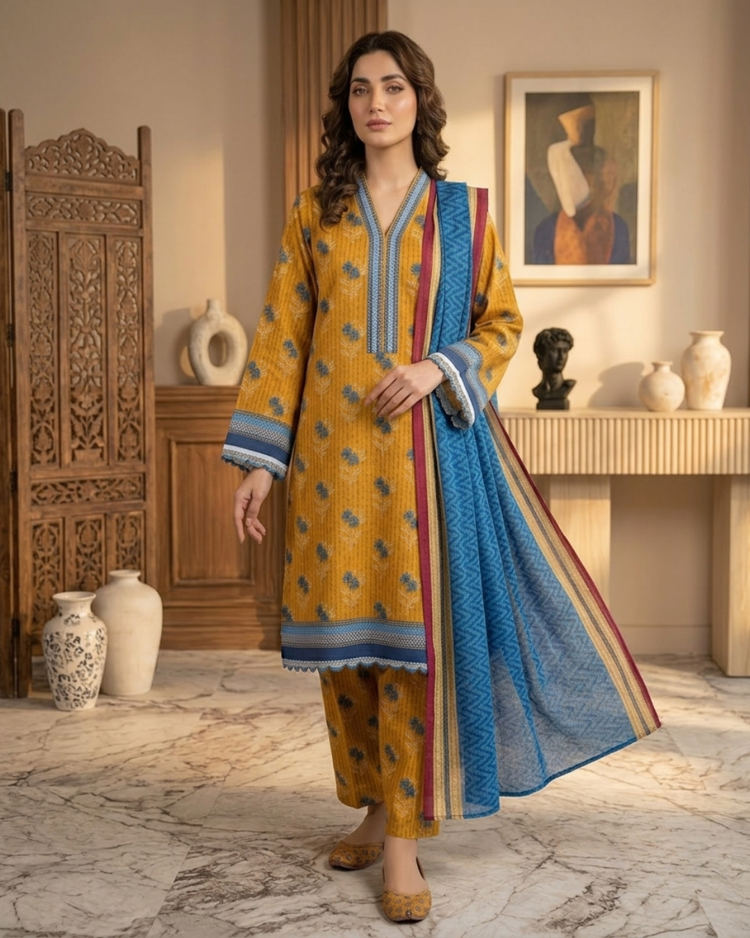 Printed Lawn 3Pc Suit – Mustard & Blue Floral