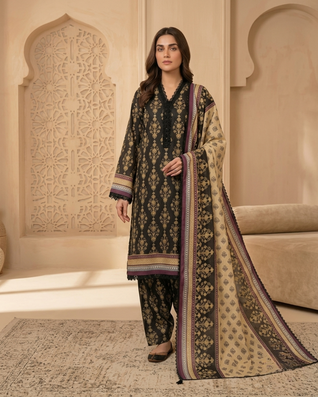 Printed Lawn 3Pc Suit – Black & Gold Traditional