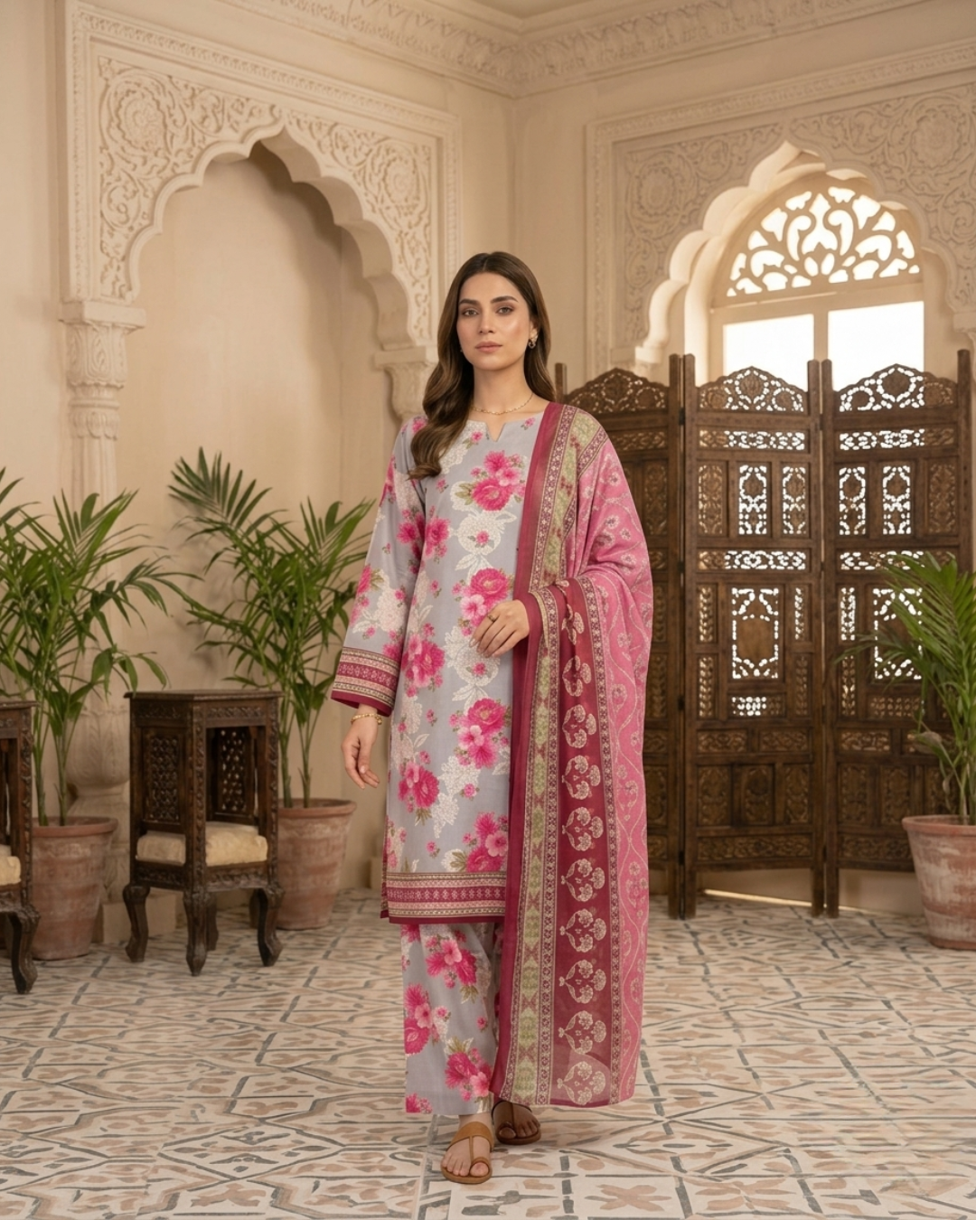 Printed Lawn 3Pc Suit – Grey & Pink Floral