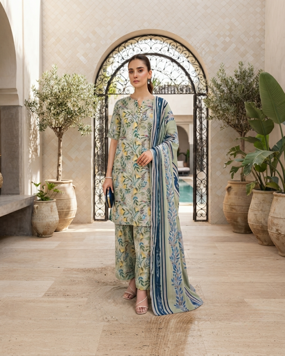 Printed Lawn 3Pc Suit – Sage Green & Blue Floral