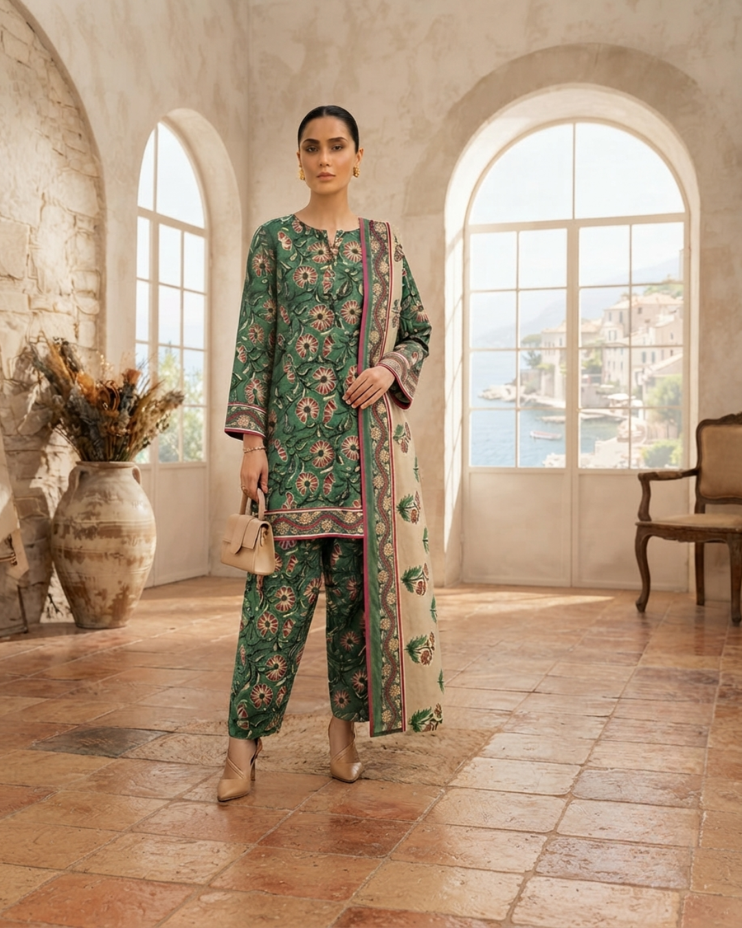 Printed Lawn 3Pc Suit – Green & Beige Floral