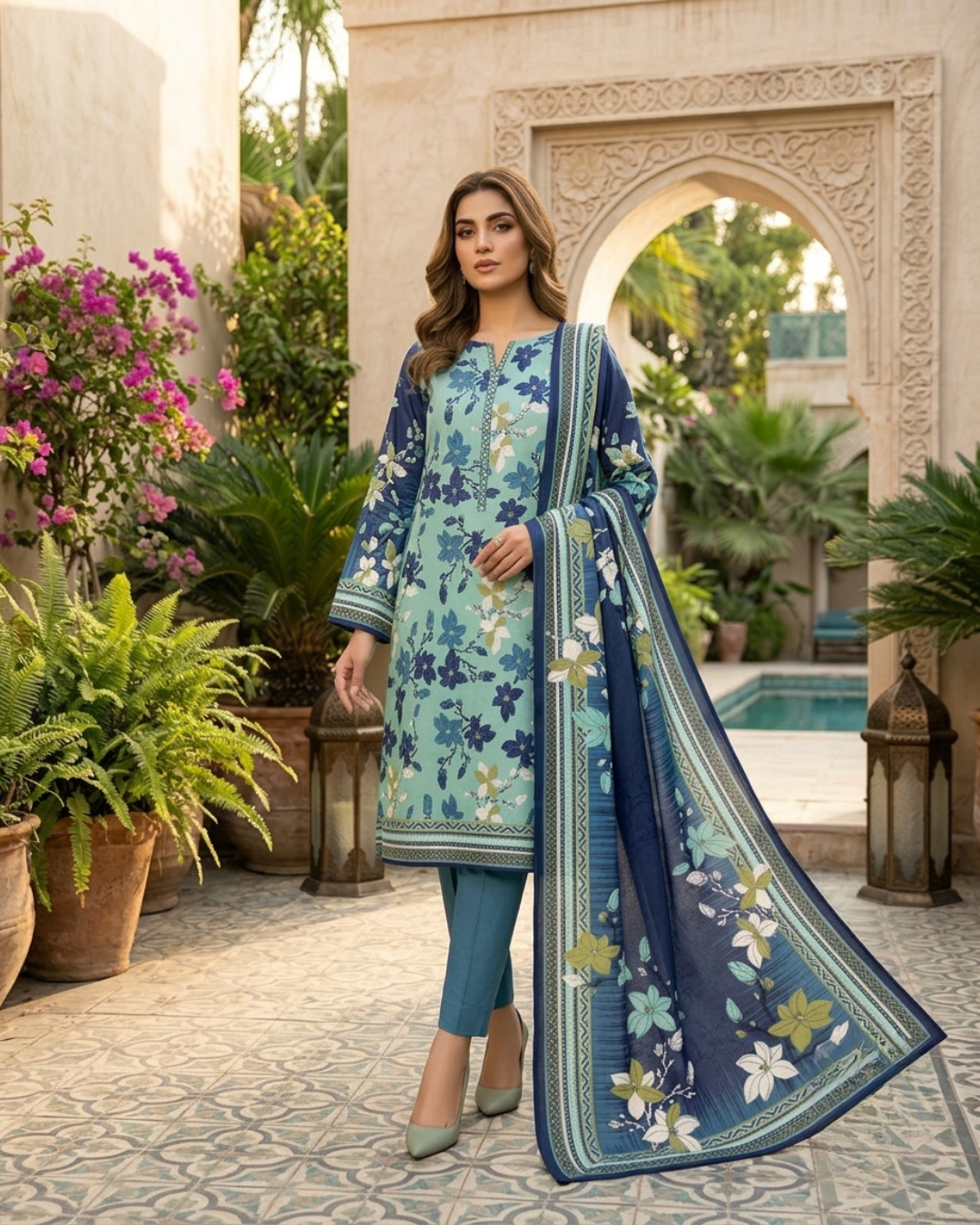 Printed Lawn 3Pc Suit – Mint & Navy Blue Floral