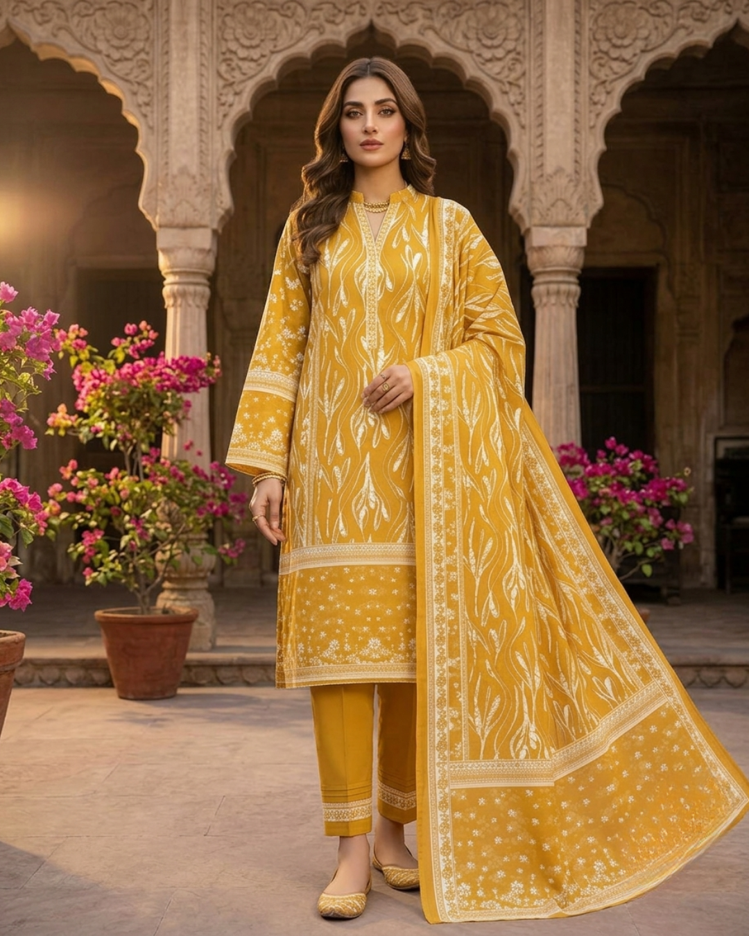 Printed Lawn 3Pc Suit – Mustard Abstract / Floral