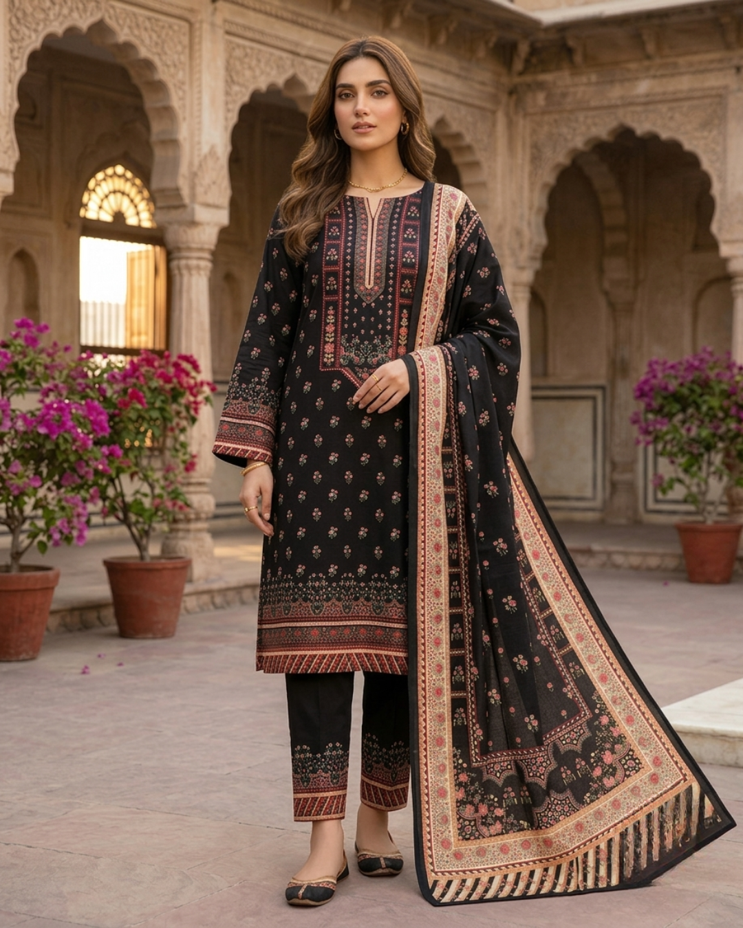 Printed Lawn 3Pc Suit – Black Floral