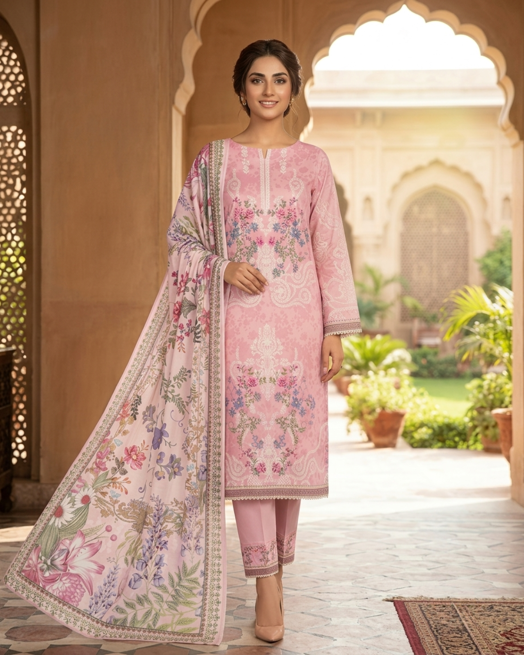 Printed Lawn 3Pc Suit – Pink Floral