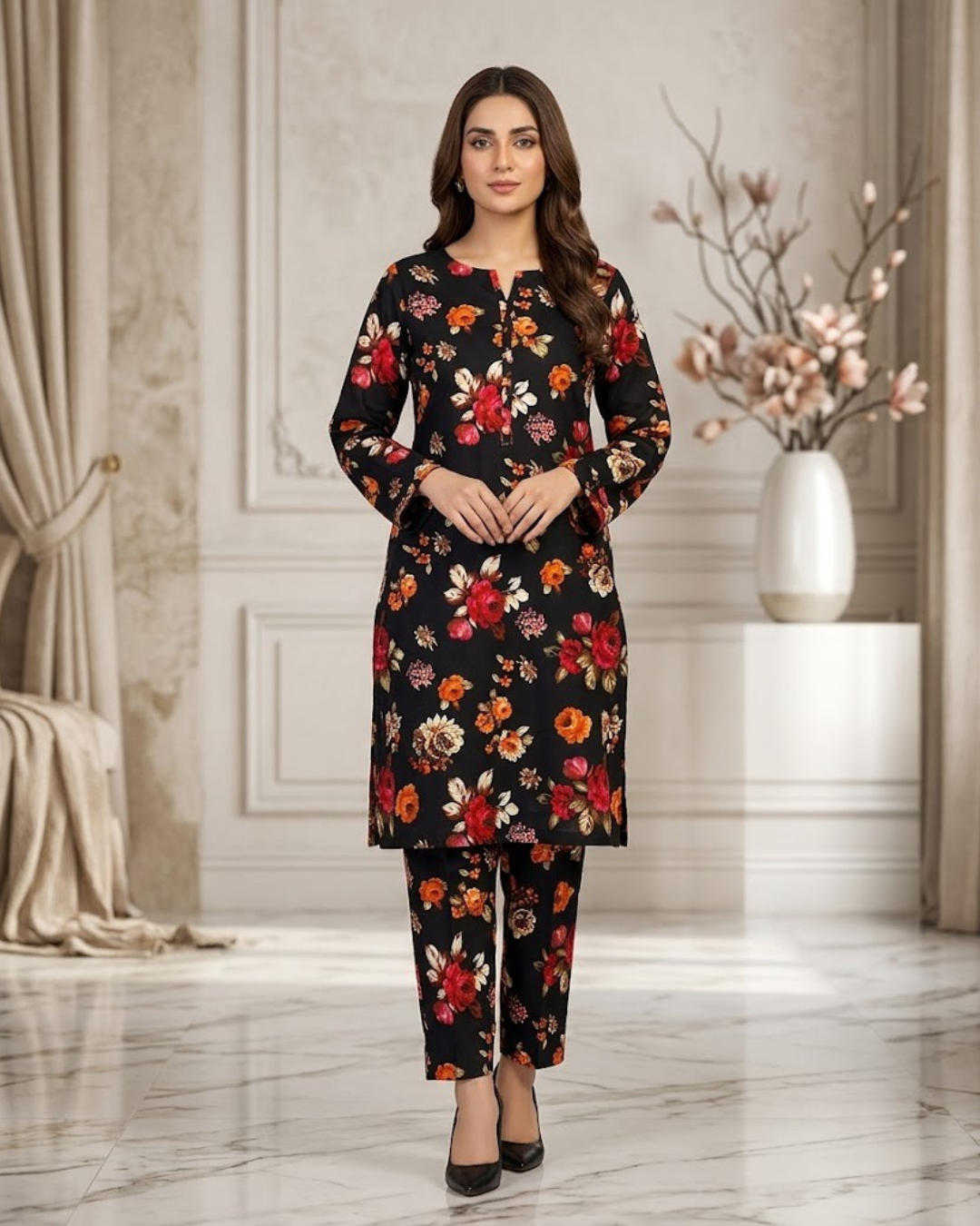 Summer Dynasty Printed 2Pc Cotton – Black Floral Vibrant