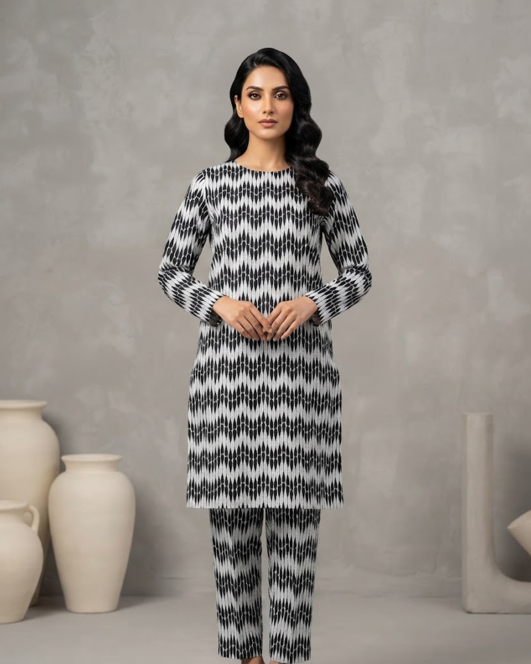 Summer Dynasty Printed 2Pc Cotton – Black White Chevron