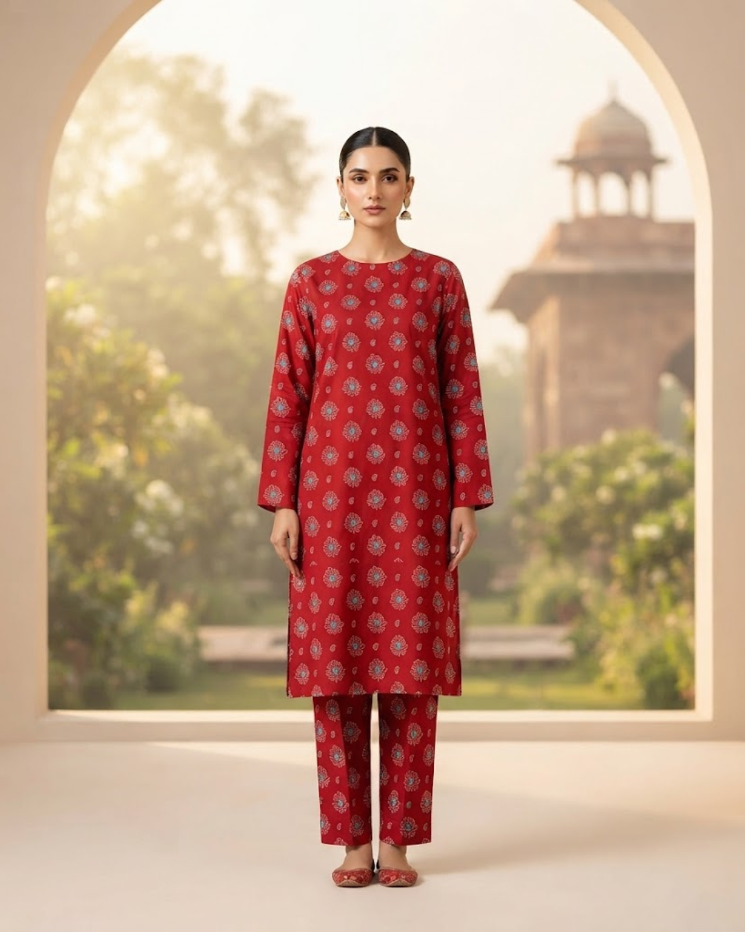 Summer Dynasty Printed 2Pc Cotton – Red Floral