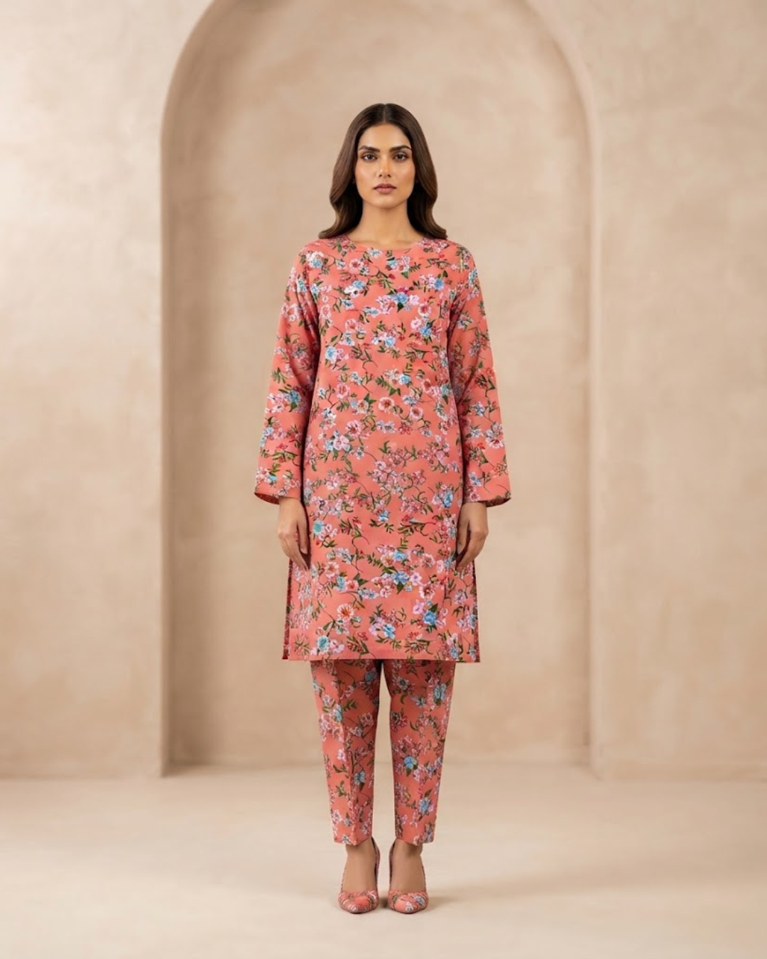 Summer Dynasty Printed 2Pc Cotton – Peach Floral