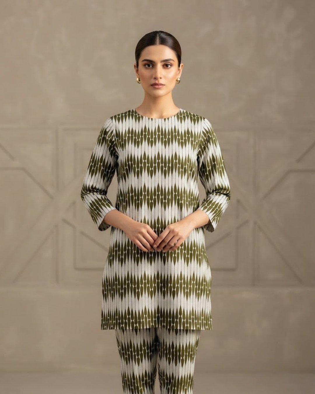 Summer Dynasty Printed 2Pc Cotton – White & Olive