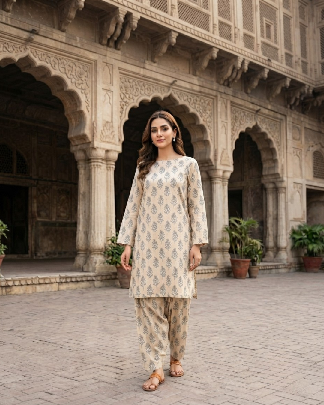 Summer Dynasty Printed 2Pc Cotton – Beige & Grey