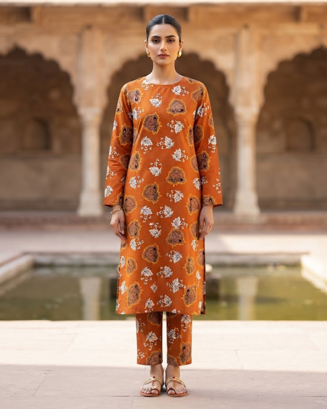 Summer Dynasty Printed 2Pc Cotton – Mustard Brown