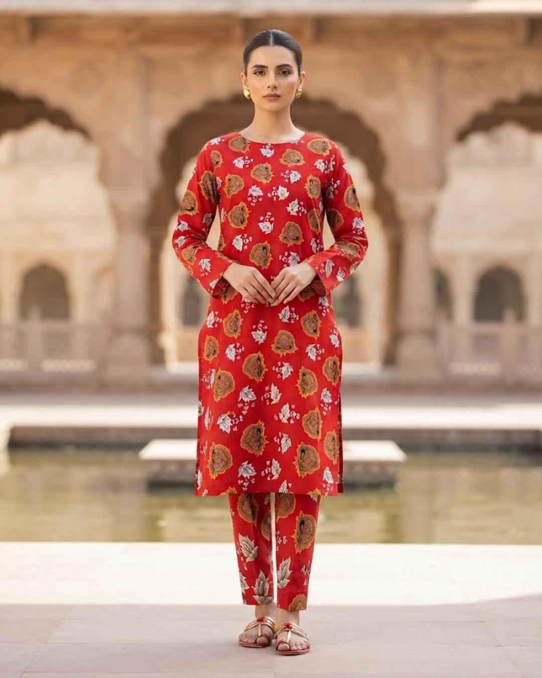 Summer Dynasty Printed 2Pc Cotton – Red & Mustard