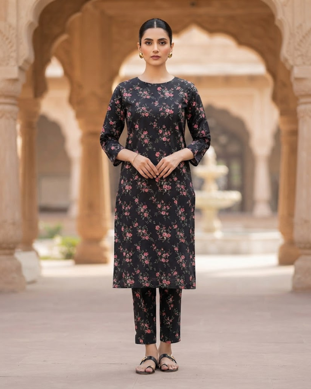 Summer Dynasty Printed 2Pc Cotton – Black & Pink