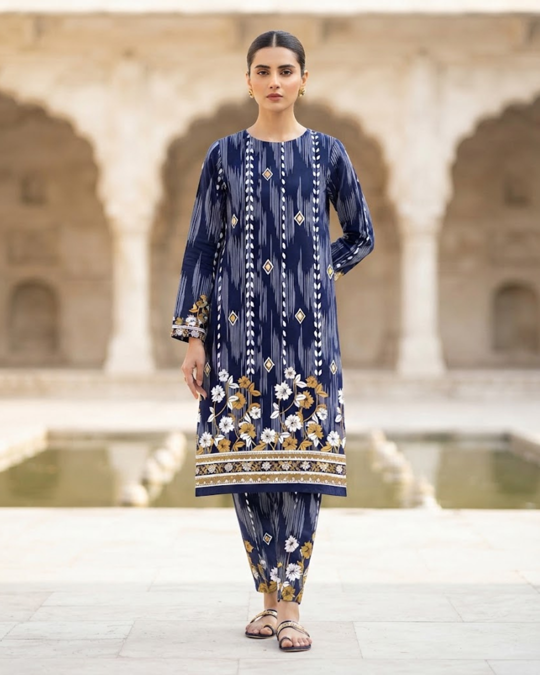 Summer Dynasty Printed 2Pc Cotton – Navy Blue & Mustard