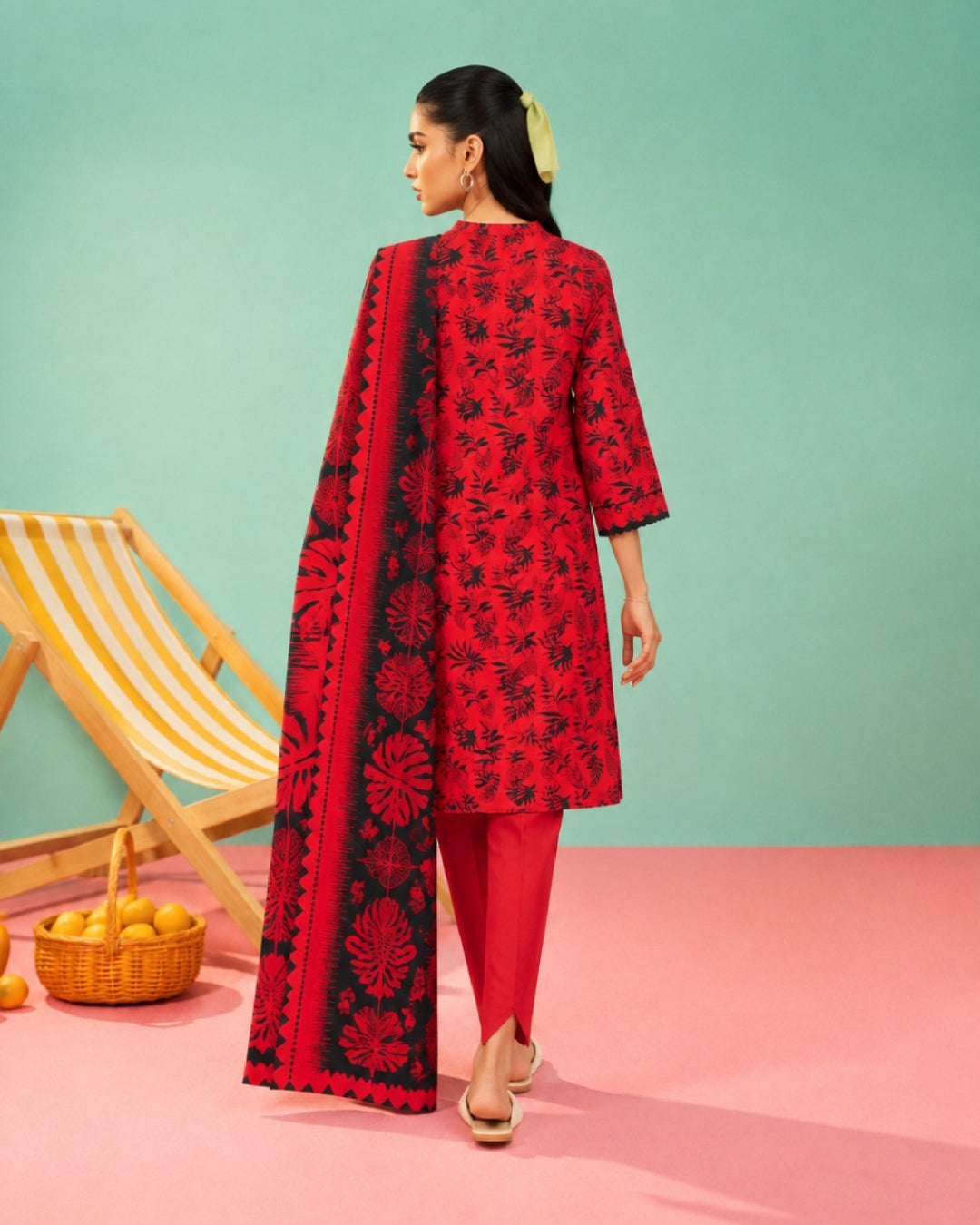 3-Piece Printed Linen Winter – Red Black Floral