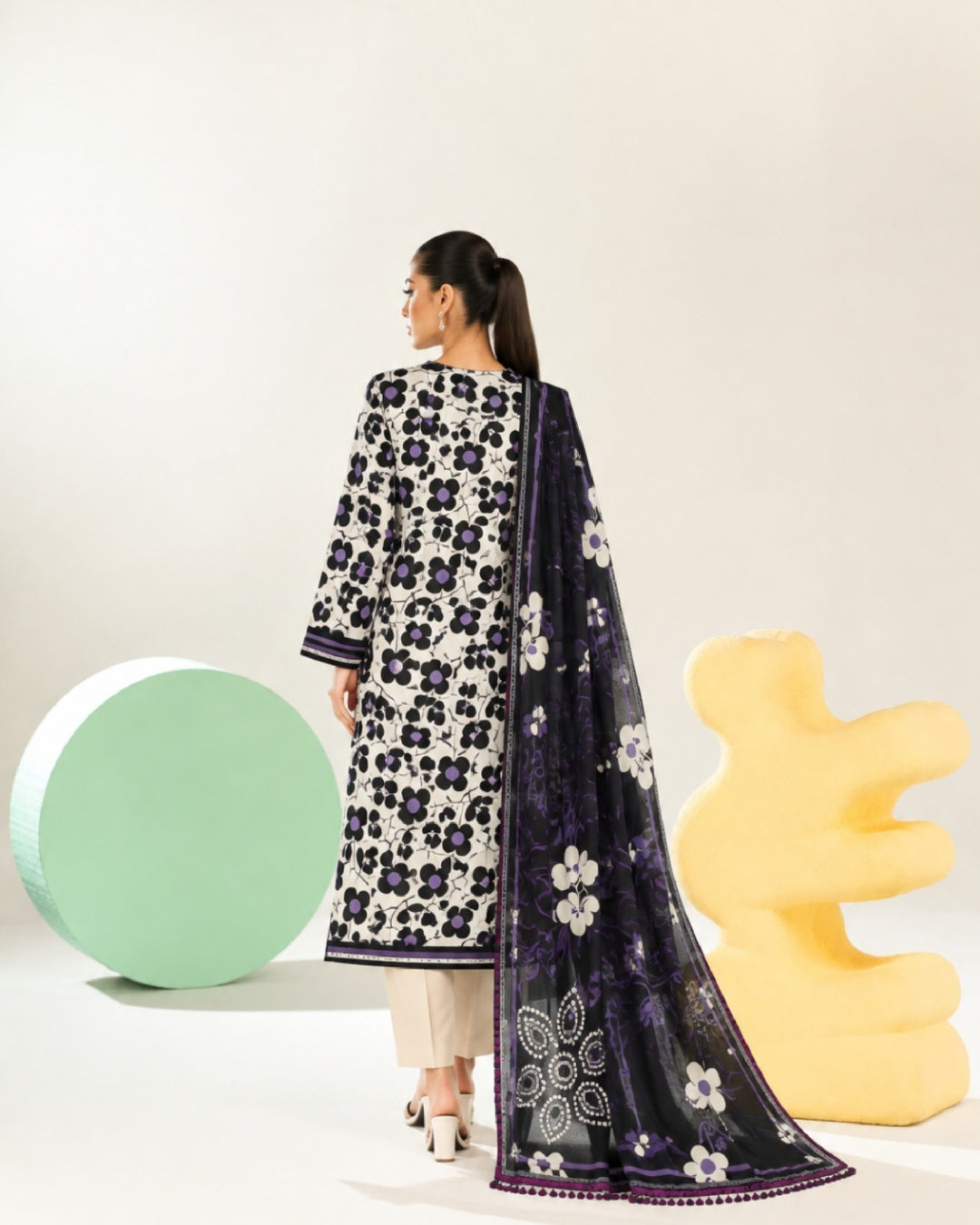 3-Piece Printed Linen Winter – Off-White Purple Floral