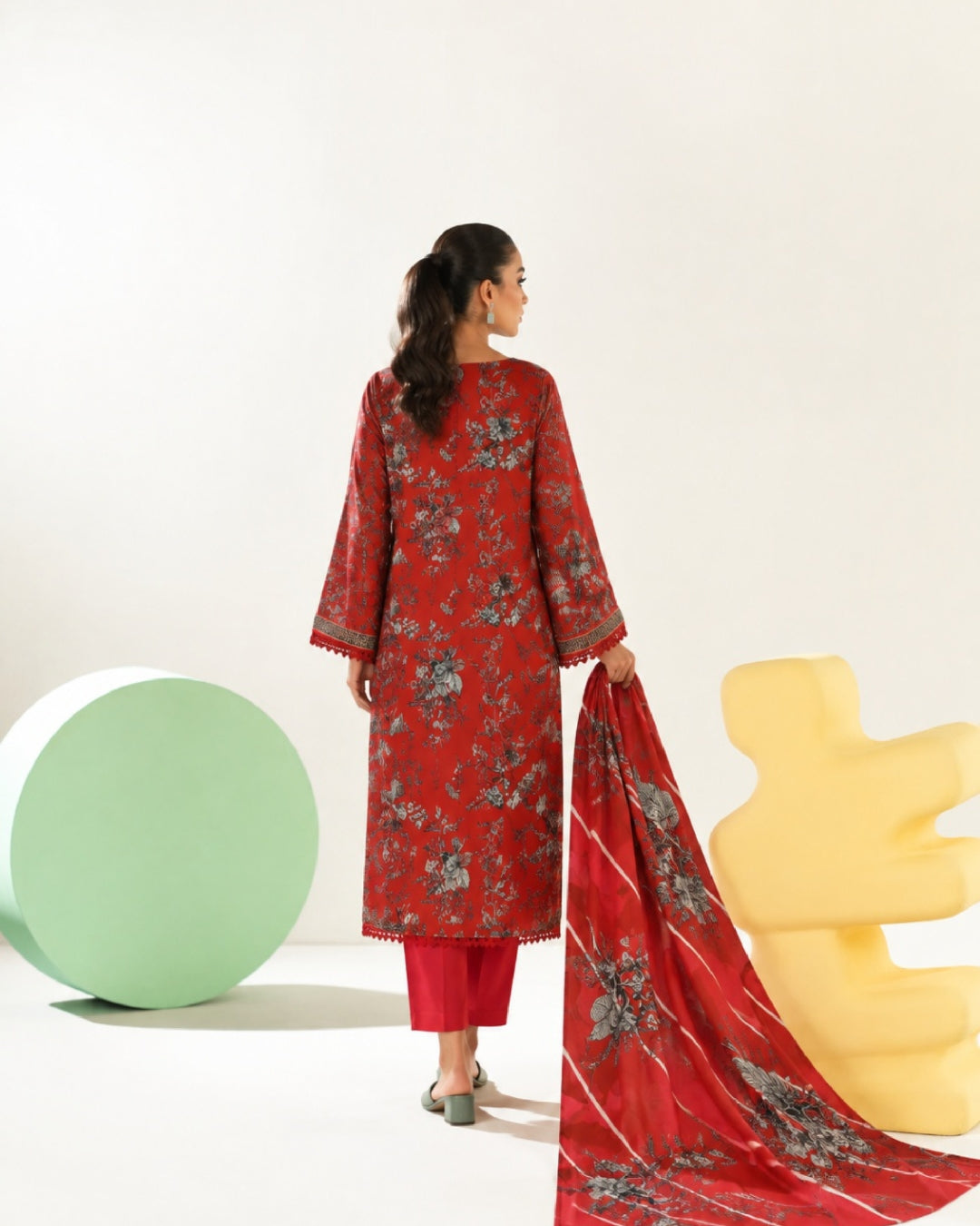 3-Piece Printed Linen Winter – Red Grey Floral