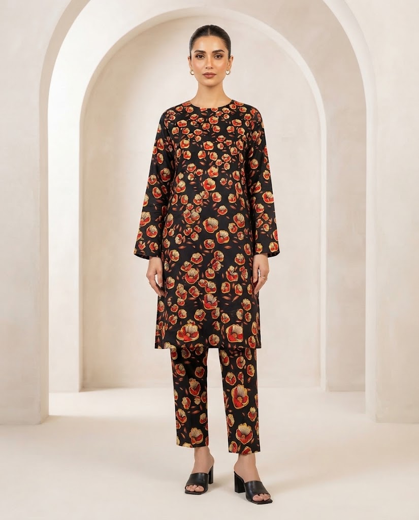 Winter Dynasty Printed 2Pc Cotton – Black Orange Floral