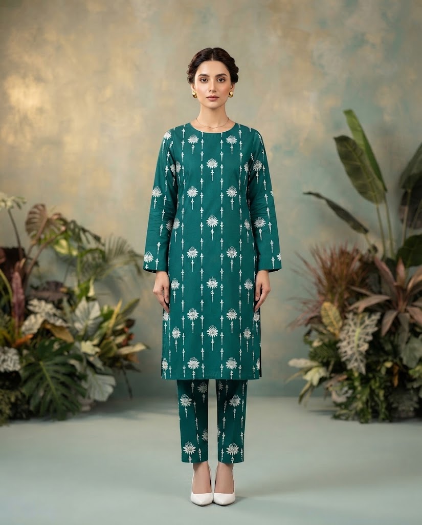 Winter Dynasty Printed 2Pc Cotton – Emerald White Floral