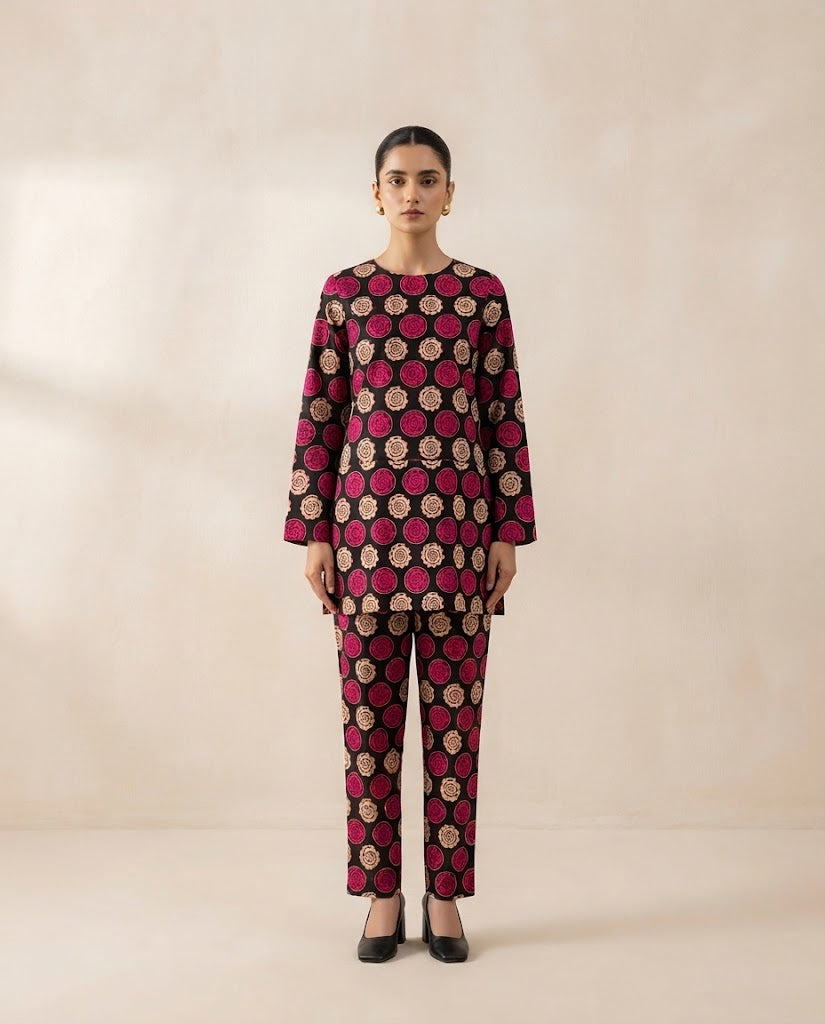 Winter Dynasty Printed 2Pc Cotton – Black Magenta Circles