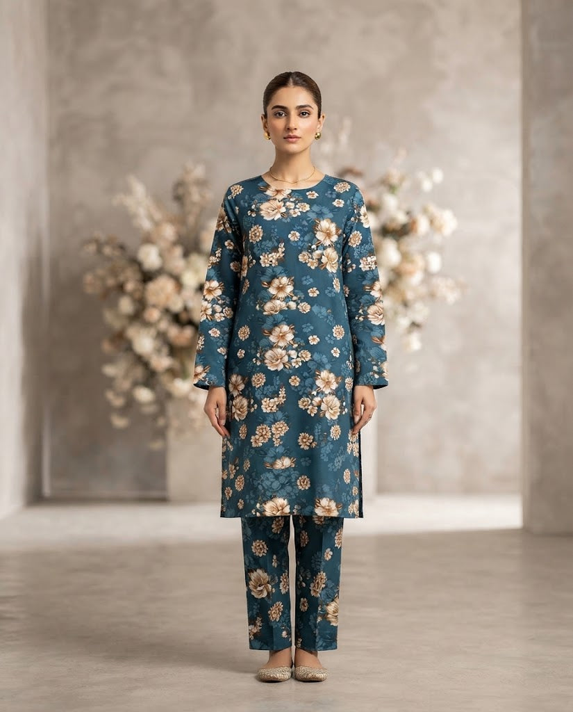 Winter Dynasty Printed 2Pc Cotton – Teal Yellow Floral