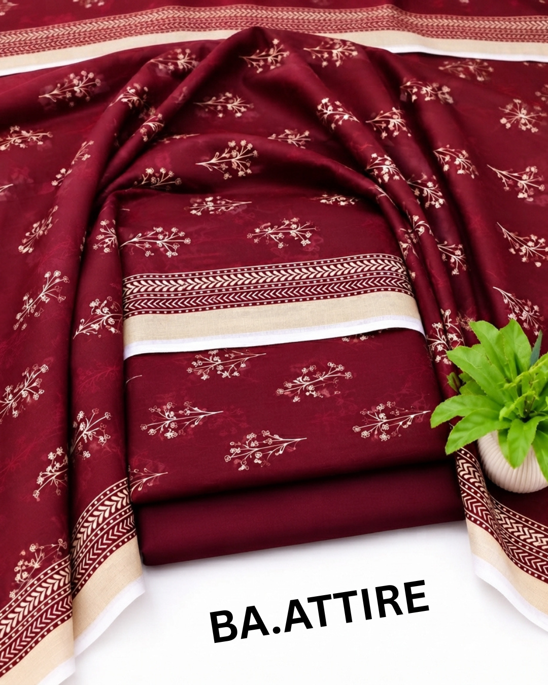 B.S Volume 01 - Printed Lawn 3 Piece Suit - Maroon / Dark Burgundy with Beige Floral Print