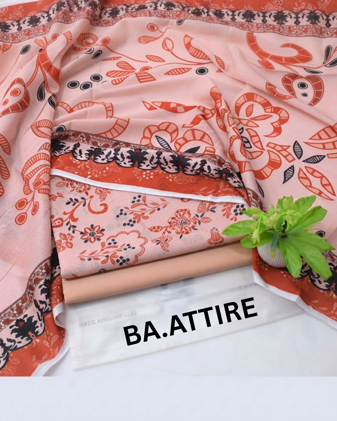 B.S Volume 01 - Printed Lawn 3 Piece Suit - Peach / Light Orange with Dark Orange Floral