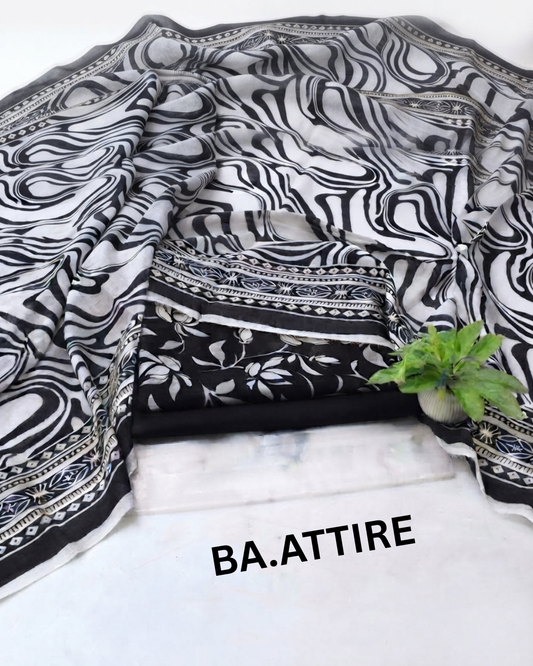B.S Volume 01 - Printed Lawn 3 Piece Suit - Black and White (Abstract Wave Print)