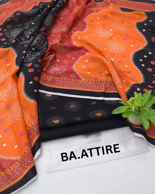 B.S Volume 01 - Printed Lawn 3 Piece Suit - Black, Orange, and Rust Red