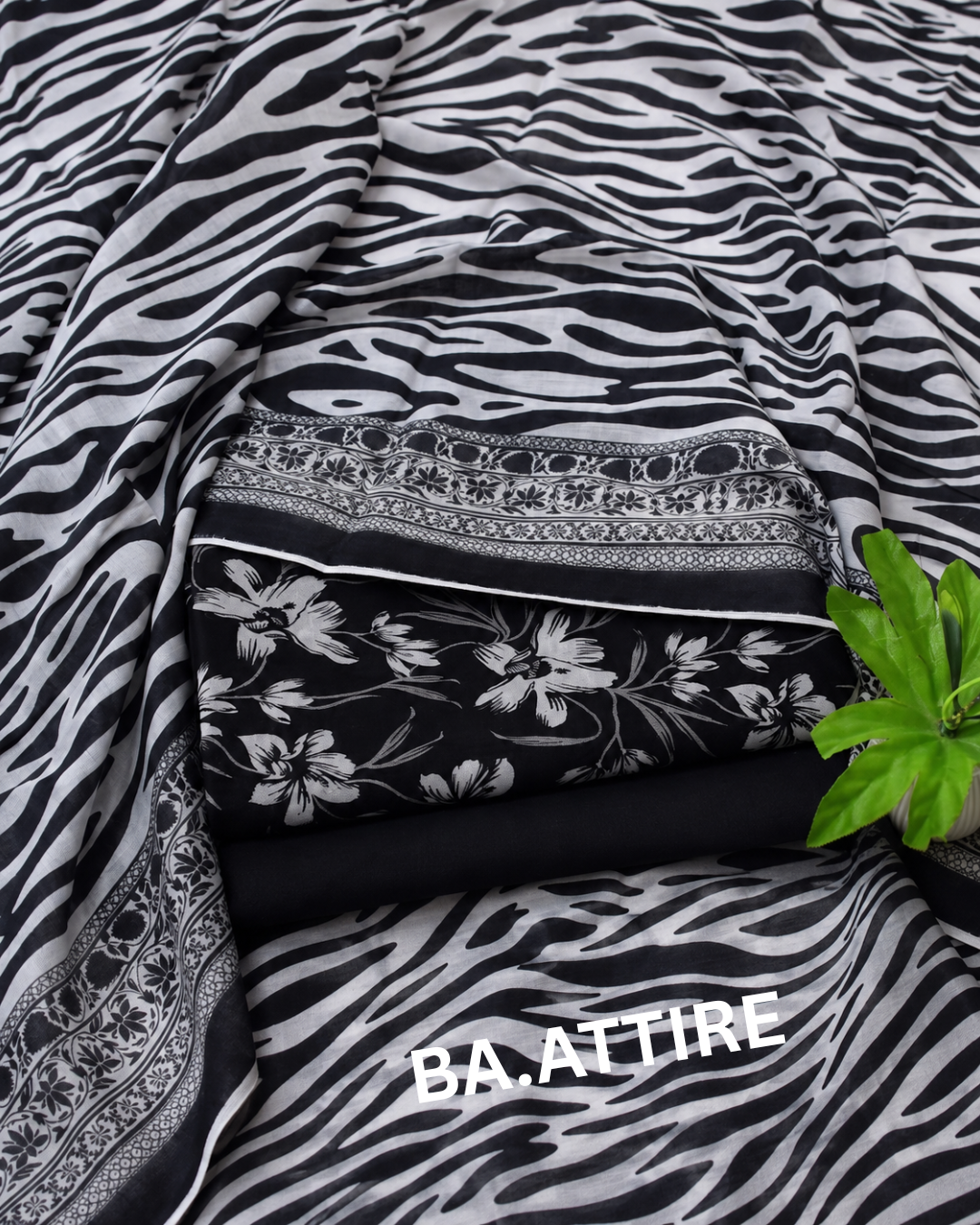 B.S Volume 01 - Printed Lawn 3 Piece Suit - Black and White (Zebra Print)