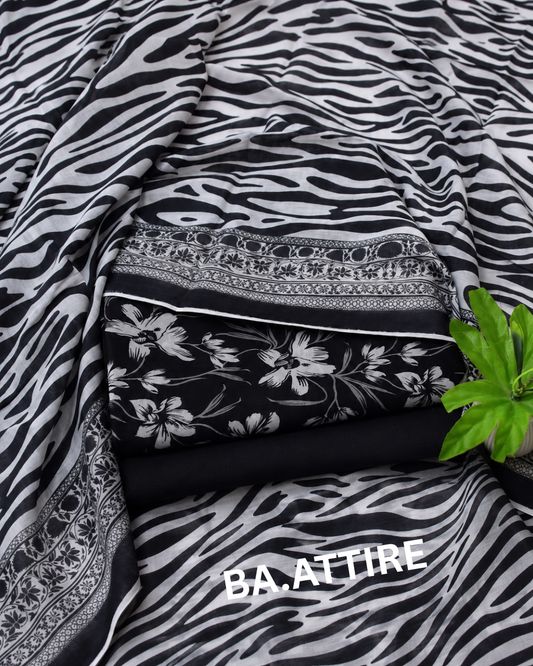 B.S Volume 01 - Printed Lawn 3 Piece Suit - Black and White (Zebra Print)