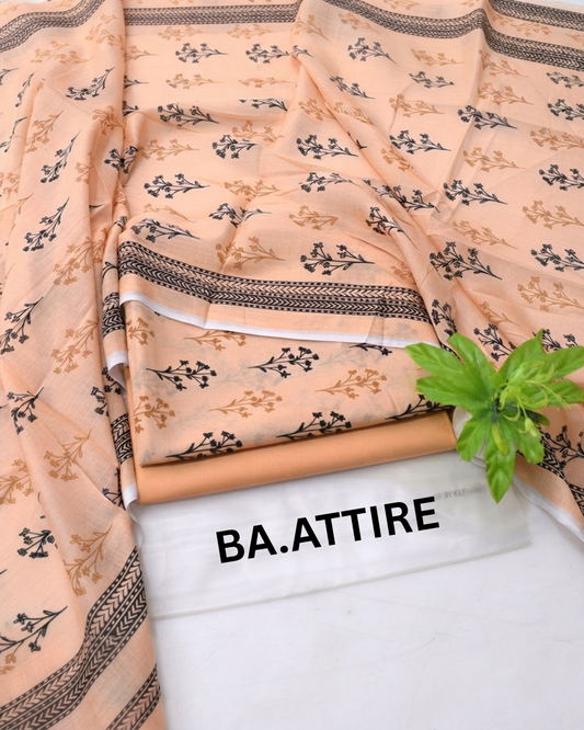 B.S Volume 01 - Printed Lawn 3 Piece Suit - Peach / Light Orange with Black Floral Print