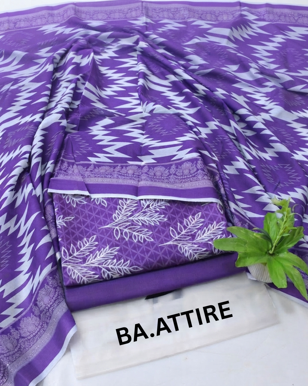 B.S Volume 01 - Printed Lawn 3 Piece Suit - Purple and White