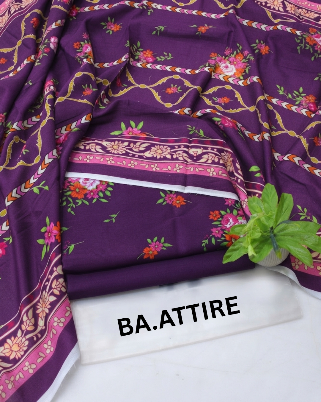 B.S Volume 01 - Printed Lawn 3 Piece Suit - Purple / Violet with Multi-color Floral Print