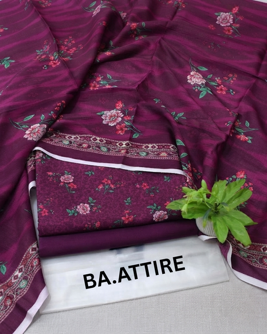 B.S Volume 01 - Printed Lawn 3 Piece Suit - Plum / Deep Purple