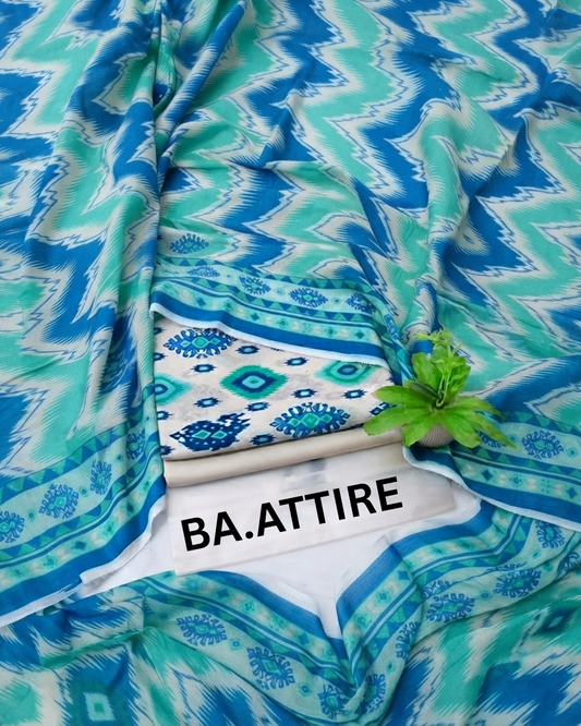 B.S Volume 01 - Printed Lawn 3 Piece Suit - Blue and Mint Green