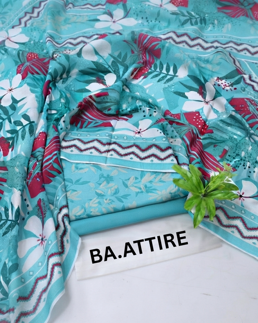 B.S Volume 01 - Printed Lawn 3 Piece Suit - Turquoise / Aqua Blue