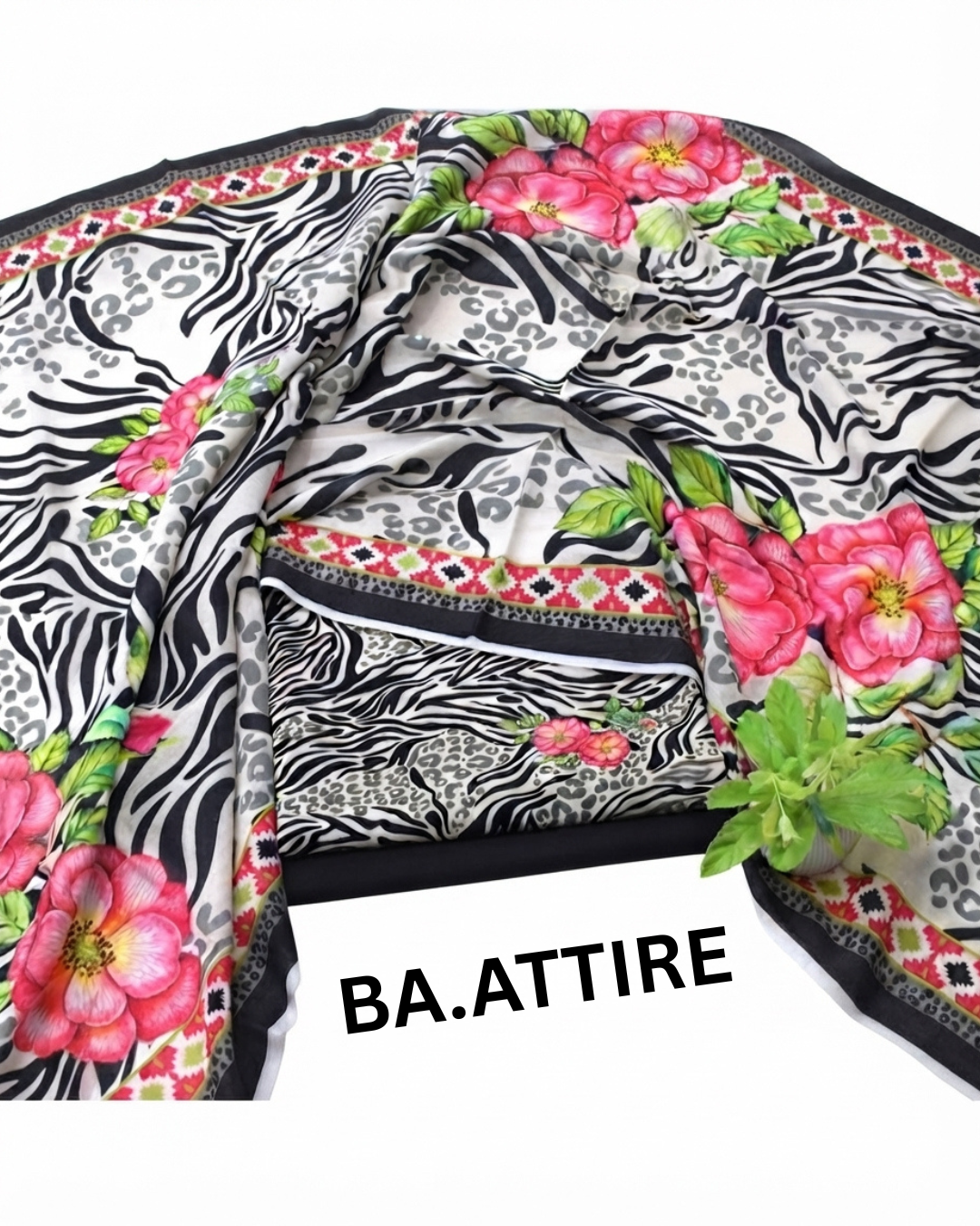 B.S Volume 01 - Printed Lawn 3 Piece Suit - Black and White with Pink Floral Print