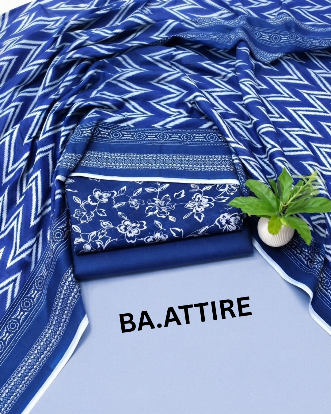 B.S Volume 01 - Printed Lawn 3 Piece Suit - Royal Blue and White with Floral and Zigzag