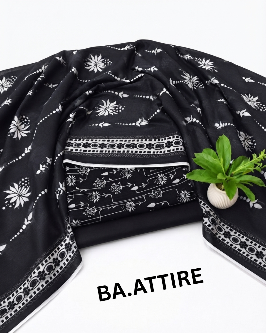 B.S Volume 01 - Printed Lawn 3 Piece Suit - Black and White with Floral Print