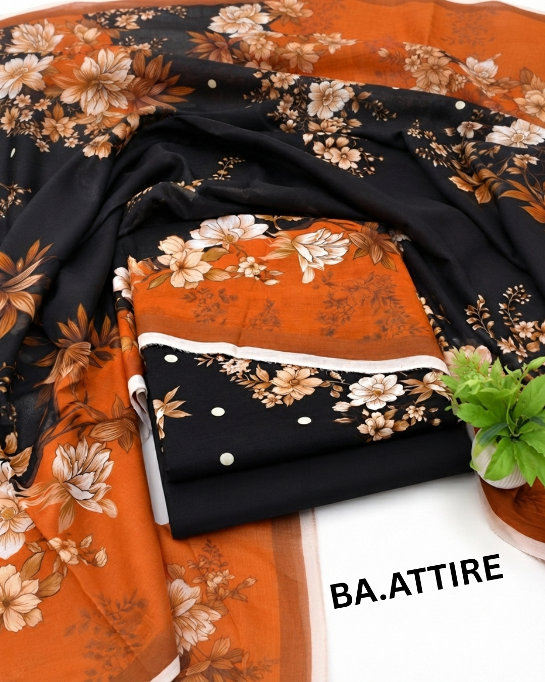 B.S Volume 01 - Printed Lawn 3 Piece Suit - Black and Rust Orange with Floral Print