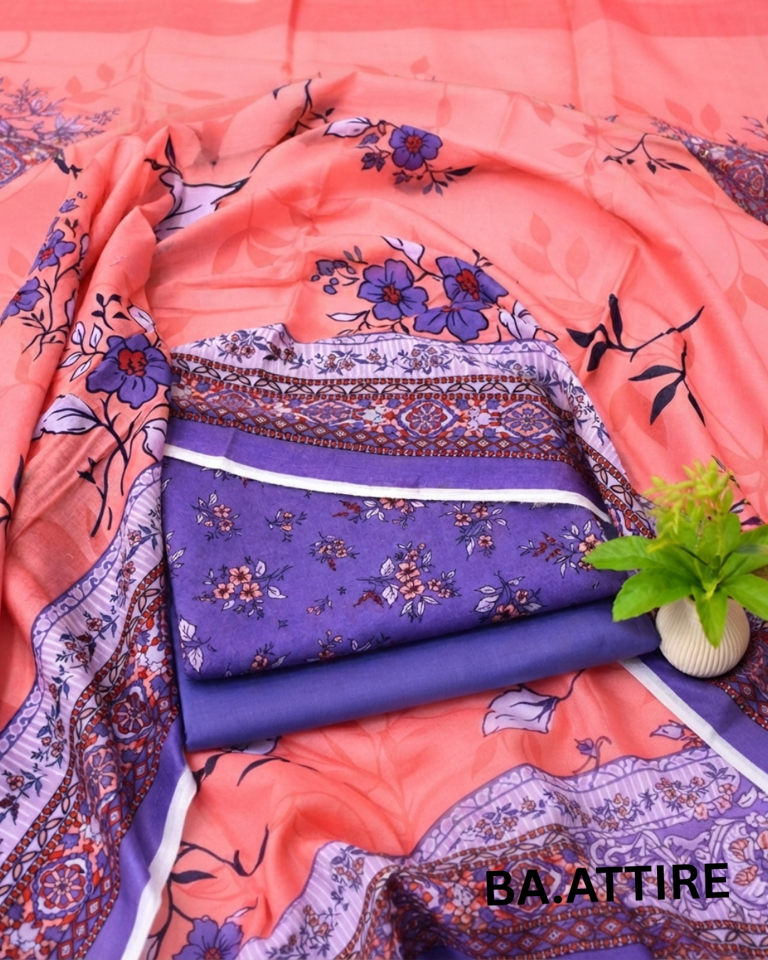B.S Volume 01 - Printed Lawn 3 Piece Suit - Peach / Coral and Purple