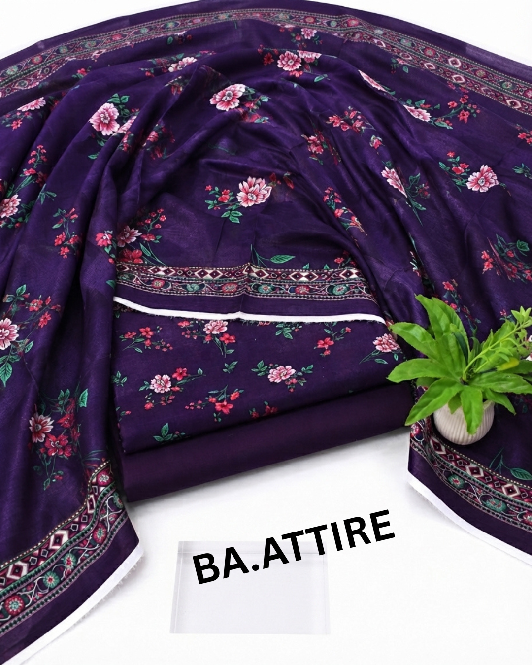 B.S Volume 01 - Printed Lawn 3 Piece Suit - Deep Purple with Pink Floral Print