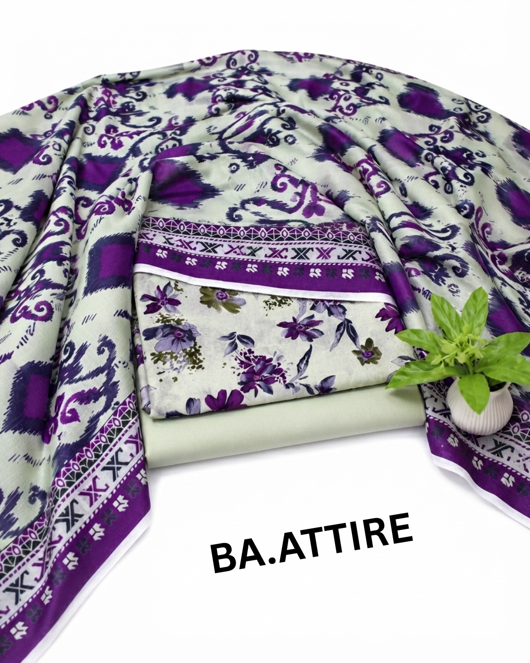 B.S Volume 01 - Printed Lawn 3 Piece Suit - Off-White and Purple with Floral Print