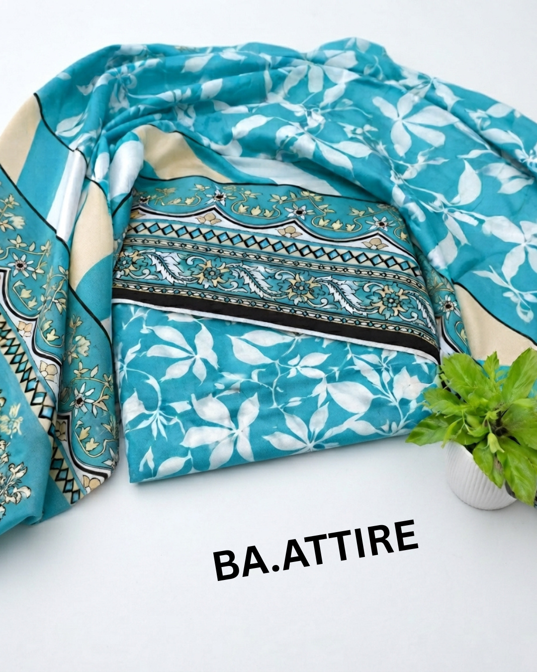 B.S Volume 01 - Printed Lawn 3 Piece Suit - Turquoise Blue and White with Floral Print